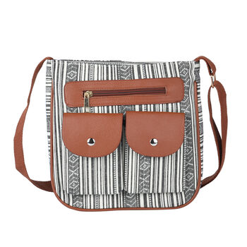 Umh&auml;ngetasche mit ethnischem Muster, Gr&ouml;&szlig;e 24x6x25 cm, Wei&szlig; und Braun