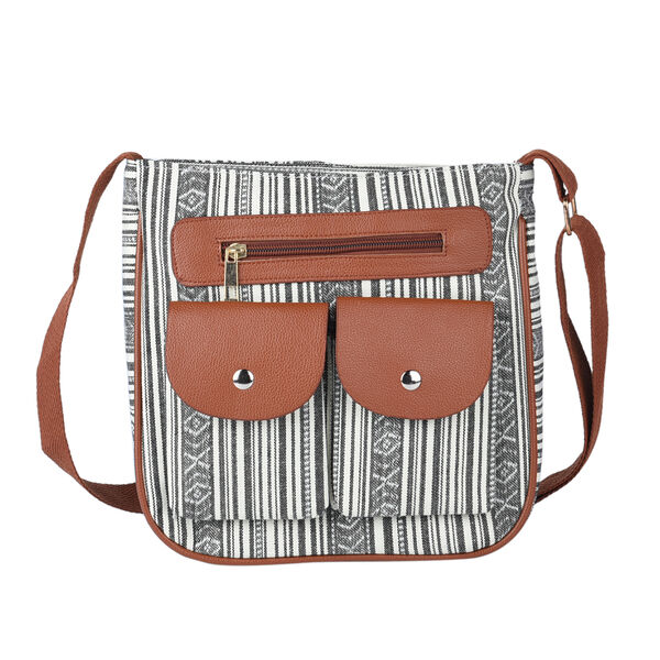 Umh&auml;ngetasche mit ethnischem Muster, Gr&ouml;&szlig;e 24x6x25 cm, Wei&szlig; und Braun