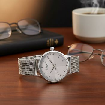 GENOA TIME - V2 Automatik Armbanduhr, Geh&auml;use 316 Edelstahl Zweifarbiges Sonnenschein Zifferblatt mit wei&szlig;em Diamant Edelstahl Mesharmband silberfarben