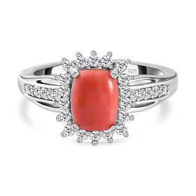 Oregon Pfirsich Opal und Zirkon-Halo-Ring, 925 Silber platiniert, 1,50 ct