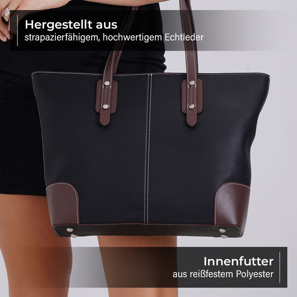 Echtleder Modische, geräumige Kontrastfarbene Tasche, 33x13x29 cm, Schwarz image number 3