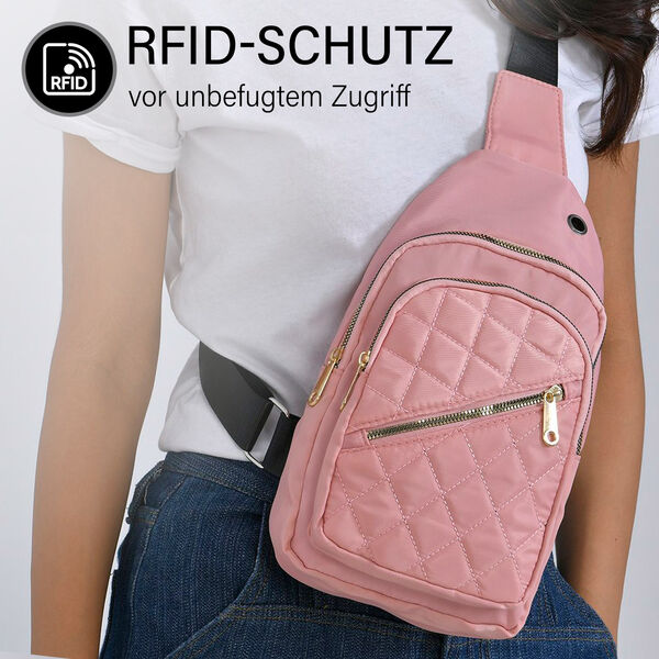 Stepp-Slingtasche mit RFID-Schutz und Kopfhöreröffnung, Größe: 17x7,5x30cm, Lachsfarben image number 5