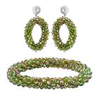 2er Set - Perlen-Armband und Ohrringe mit hellgrünem Glas, Messing, goldfarben