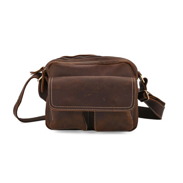 Echtleder-Crossbody-Tasche mit Überschlag und Mehrfachfächern, 25x8x18 cm, Dunkelbraun image number 0