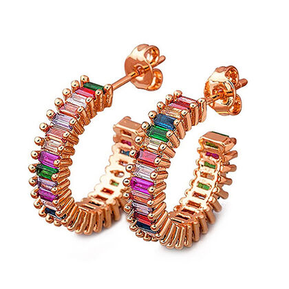 Regenbogen-Baguette-AAA Zirkonia-Creolen, Messing, ros&eacute;vergoldet