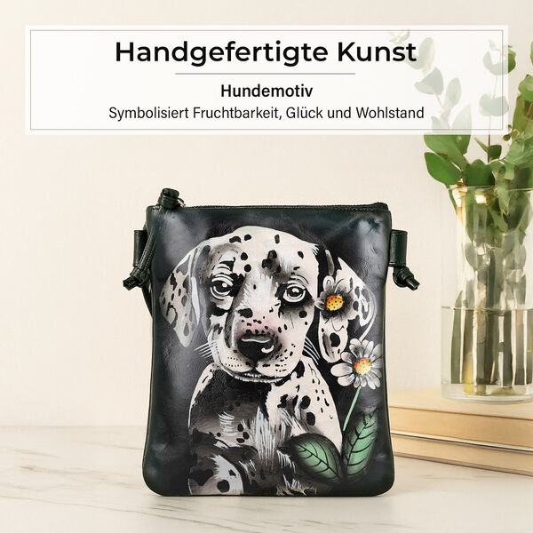 VIVID by SUKRITI Handbemalte Umhängetasche aus echtem Leder, Schwarz, 15,75x19,80cm, Hund image number 2