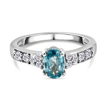 Kambodschanischer, blauer Zirkon und wei&szlig;er Zirkon-Ring, 925 Silber platiniert (Gr&ouml;&szlig;e 16.00) ca. 1,63 ct