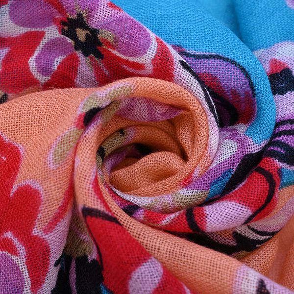 LA MAREY 100% Merino Wollschal mit Quasten, Blumenmuster, Gr&ouml;&szlig;e  67x176+9 cm, Blau image number 7