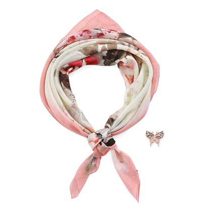 LA MAREY signature 100% silk scarf, Silk pearl butterfly brooch Material: Silk & alloy  color: off white   Size: