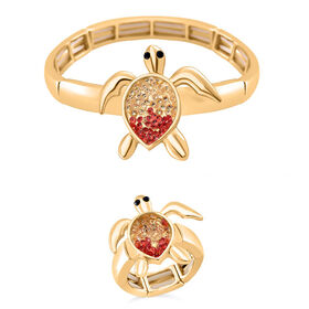 2er Set - Weißer Kristall, Rosa Kristall Flexibles Armreif und Flexibler Ring, goldfarben
