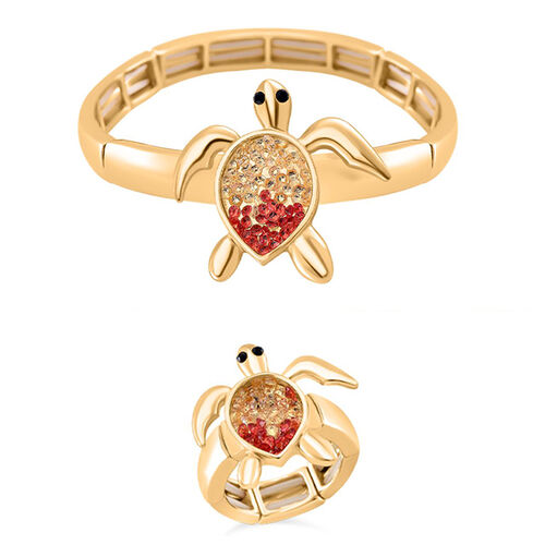 2er Set - Weißer Kristall, Rosa Kristall Flexibles Armreif und Flexibler Ring, goldfarben image number 0