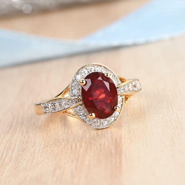 Mexikanischer Kirschfeuer-Opal und Zirkon Solit&auml;r Ring 925 Silber Vermeil image number 2