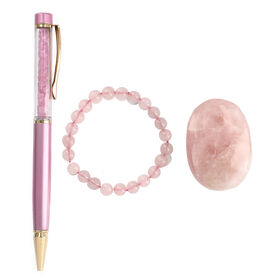 3er Exklusives Geschenkset – Rosenquarz: Handschmeichler, Armband und Kugelschreiber mit Kristallkugel