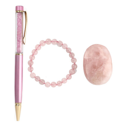3er Exklusives Set - Rosenquarz-  Eleganter Handstein, stilvolles Armband, und luxuri&ouml;ser Kugelschreiber mit Kristallkugel