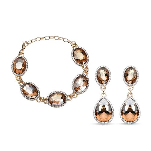 2er-Set- Champagner- und weißes Glaskristall-Armband und Ohrringe- 132,80 ct. image number 0