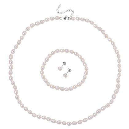 D'Joy AA Wei&szlig;e S&uuml;&szlig;wasser Perle (6-7 mm) Schmuckset 925 Silber rhodiniert