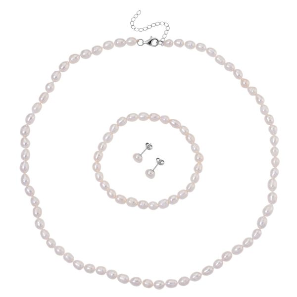 D'Joy AA Wei&szlig;e S&uuml;&szlig;wasser Perle (6-7 mm) Schmuckset 925 Silber rhodiniert