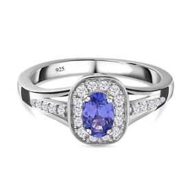 AAA Tansanit und Zirkon-Halo-Ring, 925 Silber platiniert, 0,78 ct.