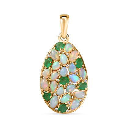 Kagem Sambischer Smaragd , Nat&uuml;rlicher, &auml;thiopischer Welo Opal Anh&auml;nger, 925 Silber 750 Gelbgold Vermeil ca. 3.50 ct