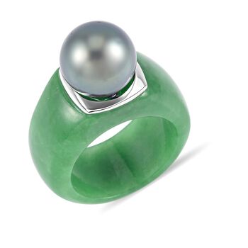 Gr&uuml;ne Jade, Tahiti Perle (11-12mm) Ring 925 Silber rhodiniert (Gr&ouml;&szlig;e 21.00)