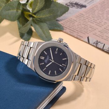 Genoa Time V2 - PC32 Japanisches Uhrwerk, Datumsanzeige, robustes Geh&auml;use in PNP-Stahloptik, blaues Zifferblatt mit hydraulischen Details, Edelstahlarmband