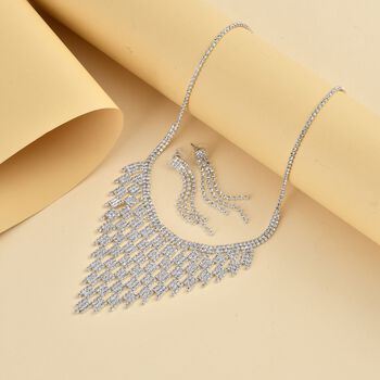 2er Set Wei&szlig;e Kristall-Halskette mit Ohrringe im Schmuckset, Silberfarben