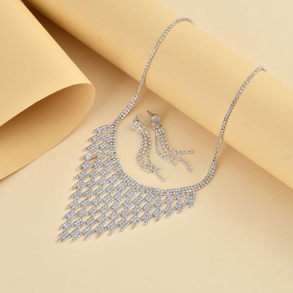 2er Set Wei&szlig;e Kristall-Halskette mit Ohrringe im Schmuckset, Silberfarben image number 1