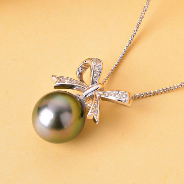 Tahiti Perle und wei&szlig;er Zirkon-Anh&auml;nger mit Kette, ca.10-11mm, 925 Silber rhodiniert ca. 0.15 ct image number 2