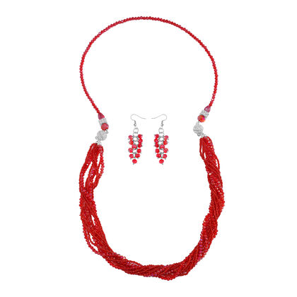 2er Set - Rot Kristall, Wei&szlig;er Kristall Halskette und Ohrringe