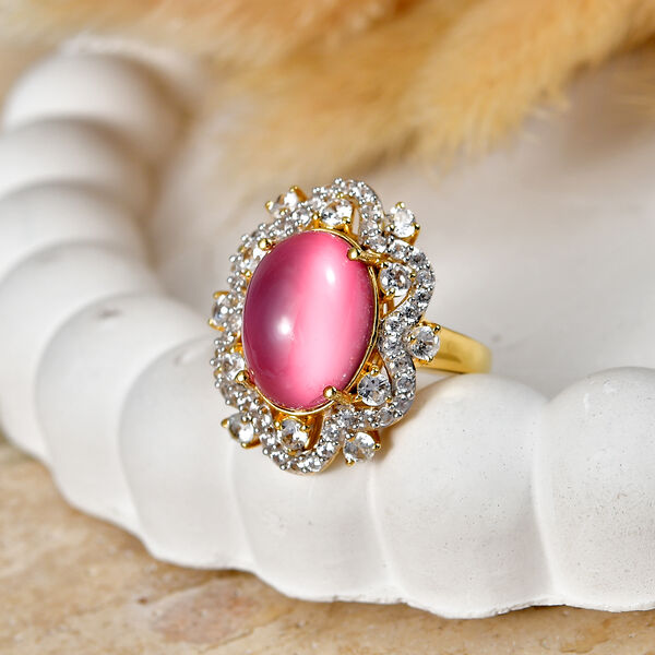 D'Joy Flamingo Mondstein, Wei&szlig;er Zirkon Ring 925 Silber 750 Gelbgold vermeil (Gr&ouml;&szlig;e 19.00) ca. 8,77 ct image number 1