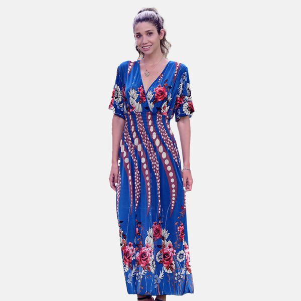 Gesmoktes Maxi-Kleid, Blumenmuster, Blau image number 1