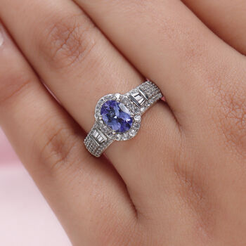 Tansanit und Zirkon Ring 925 Silber Platin  ca. 1,76 ct