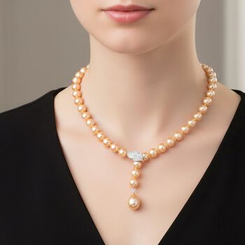Goldene 10mm Muschelkernperle und wei&szlig;e Zirkonia 60cm Halskette