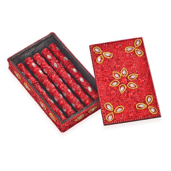 6-teiliges Schreibset mit Perlenverzierung, Aufbewahrungsbox im Tagebuchstil, 5 Kugelschreiber, Rot image number 4