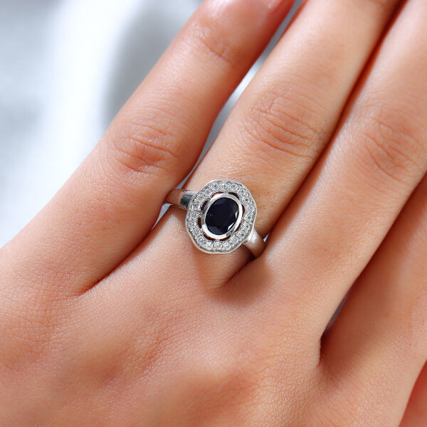 Masoala Saphir und Zirkon Halo Ring, 925 Silber platiniert, 1,71 ct. image number 3