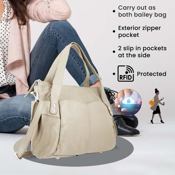 100% Echtleder Weekender Reisetasche mit RFID-Schutz, 43x28x33 cm, Beige image number 6