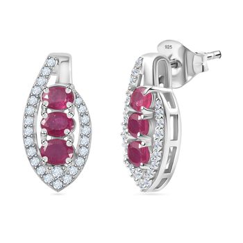 Afrikanischer Rubin (Fissure gef&uuml;llt), Wei&szlig;er Zirkon Ohrringe 925 Silber platiniert ca. 2,08 ct.