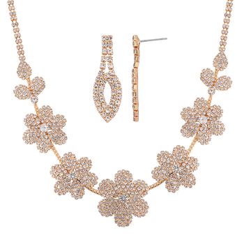 2er Set Wei&szlig;er Kristall Halskette und Ohrh&auml;nger, goldfarben