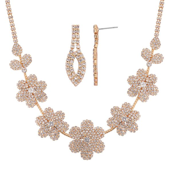 2er Set Wei&szlig;er Kristall Halskette und Ohrh&auml;nger, goldfarben