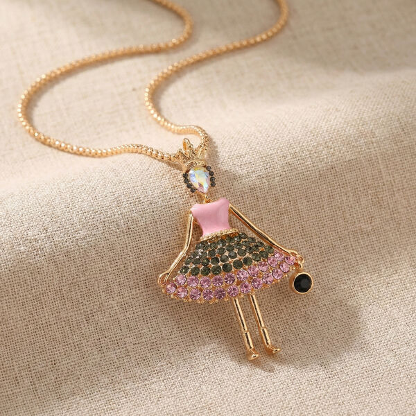 Mehrfarbiger Kristall Ballerina Anh&auml;nger mit Kette ca. 63.5 cm + 5 cm Extender, Legierung emailliert, Legierung Gelb image number 2