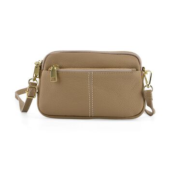 "Genuine Leather crossbody bag Color: Khaki Size:21*5*14cm        Wall: Genuine Leather Lining: Polyester Exterior:zipped-3 Interior:zipped-1,slid-1"