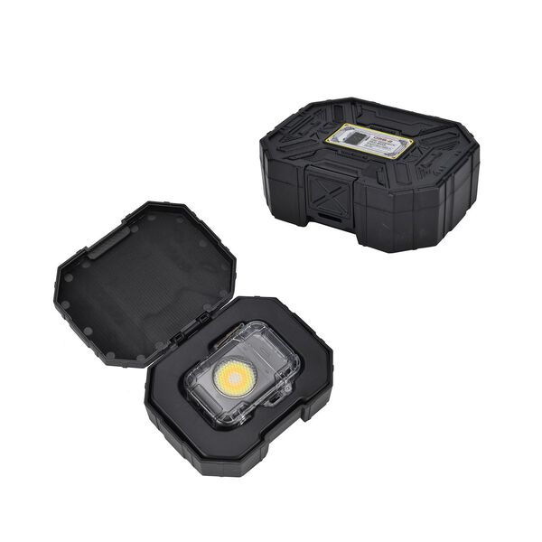 "ARC IGNITION PORTABLE LAMP with stroge box -black Light bulb: COB Running time: 3-4 hours Charging time: about 2 hours Color temperature: 2800-6000K Lumen: 400Lm Voltage: 5V Function: Main light: white light strong - white light weak - yellow light stron image number 5