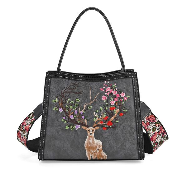 "PU Embroidered crossbody bag Color: Grey Size:  25*11*21cm   Wall: PU Lining: Polyester Exterior:zipped-1,pocket-1 Interior: zipped-2,slid-1 Long Shoulder strap:130cm " image number 4