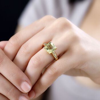 AA Ouro Verde-Quarz, Wei&szlig;er Zirkon Ring 925 Silber 750 Gelbgold Vermeil (Gr&ouml;&szlig;e 18.00) ca. 4,34 ct