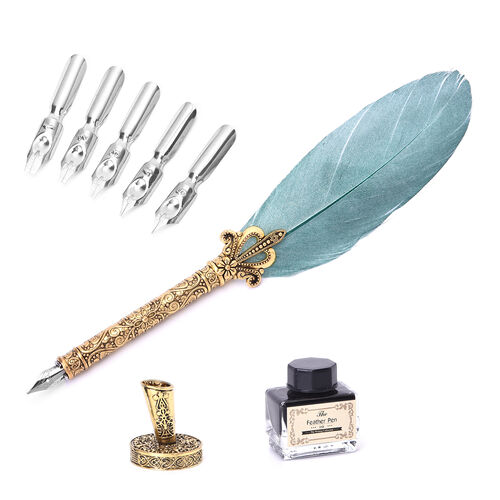 Feder Stift mit Ständer und schwarzer Tinte (15ml) und 6 verschiedenen Ersatzspitzen in Goldton, Blaugrün image number 0