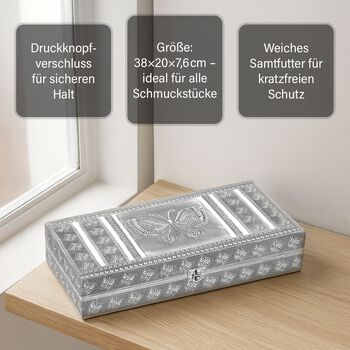 Handgefertigte, oxidierte Schmuckschatulle mit Schmetterling-Pr&auml;gung, 38x20x7,6 cm, Silber