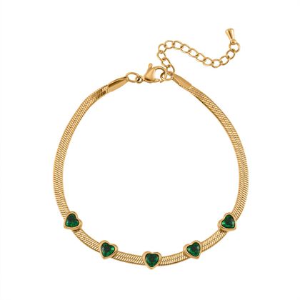 Herzf&ouml;rmiger Neongr&uuml;ner Kristall Armband, ca. 19 cm + 3.5 cm Extender, Reiner Edelstahl, goldfarben