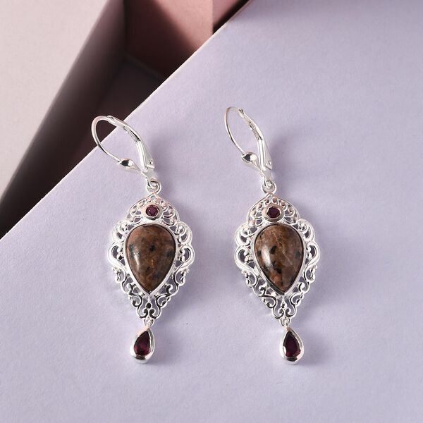 Handgearbeitete, nat&uuml;rliche Yooperlith und Rhodolith Granat-Ohrringe, 925 Silber ca. 6.74 ct image number 2