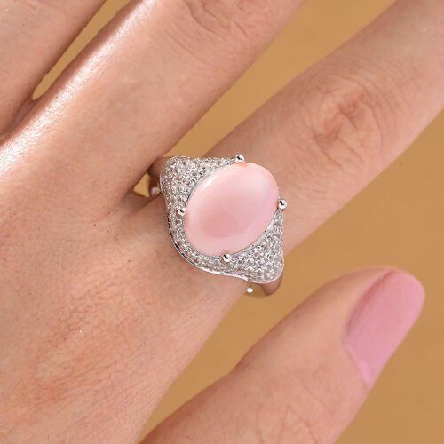 D'Joy Natürlicher Rosa Königsmuschel Perle, Weißer Zirkon Ring 925 Silber rhodiniert (Größe 20.00) ca. 3,79 ct image number 1