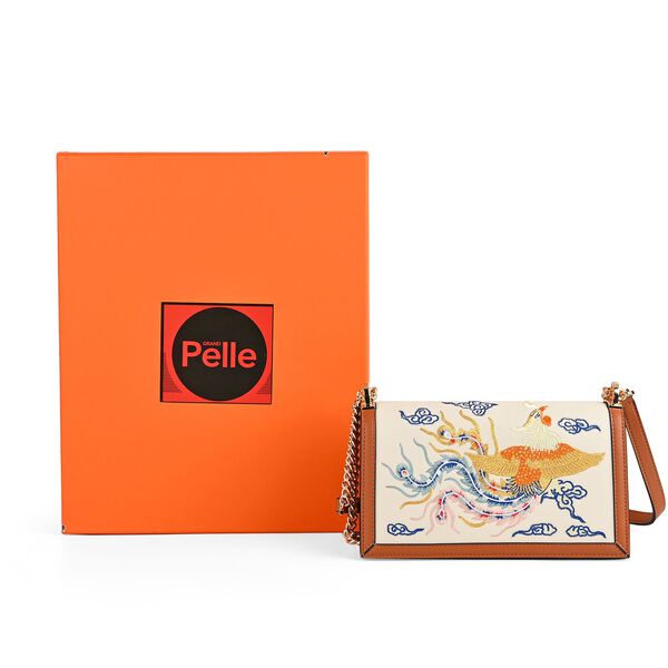 GRAND PELLE Umhängetasche aus echtem Leder, Phönixstickerei, mit Kettenriemen, 22,5×9×13 cm, Braun image number 7